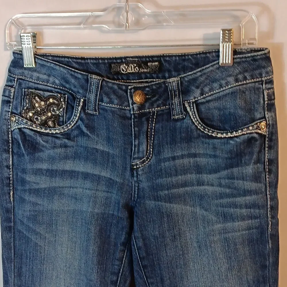 Cello Embellished Flap Pockets Stretch Denim Low Rise Jeans